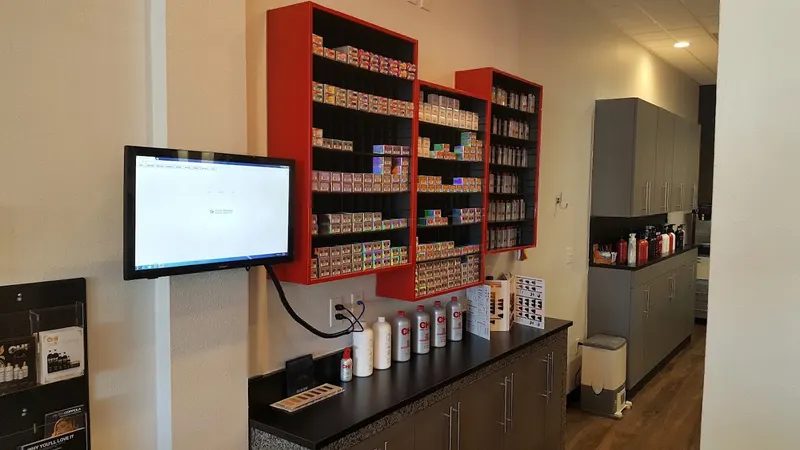 Wall of hair color boxes and the salon back counter